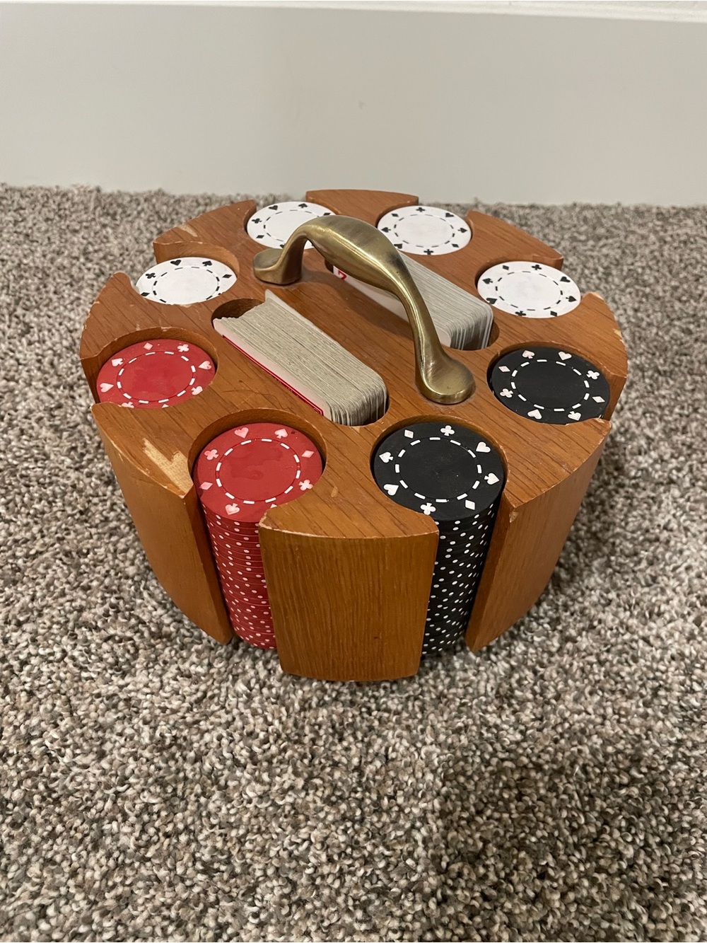 Classic Wooden Poker Chip Set with Handle - Red, Black, White